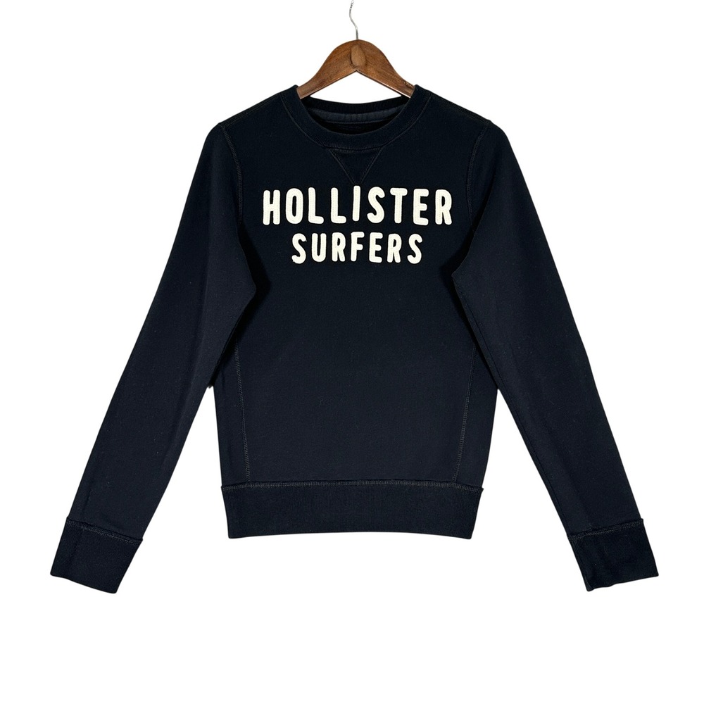 Hollister Surfers Sweatshirt Mens Small Black Graphic Crewneck Fleece Excellent
